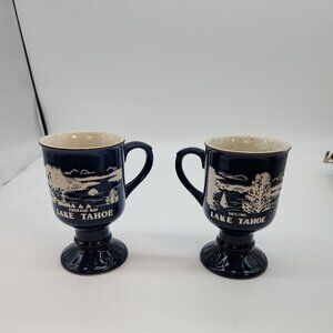 Vintage Stoneware Lake Tahoe Footed Mug Goblet Blue 5” By RTSI Lot of 2